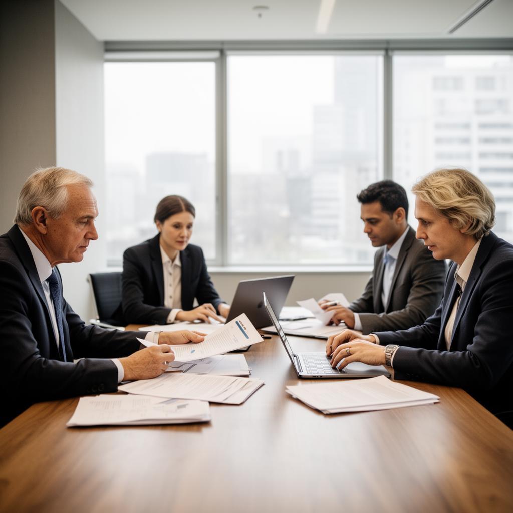 Senior advisors reviewing project documents in a boardroom