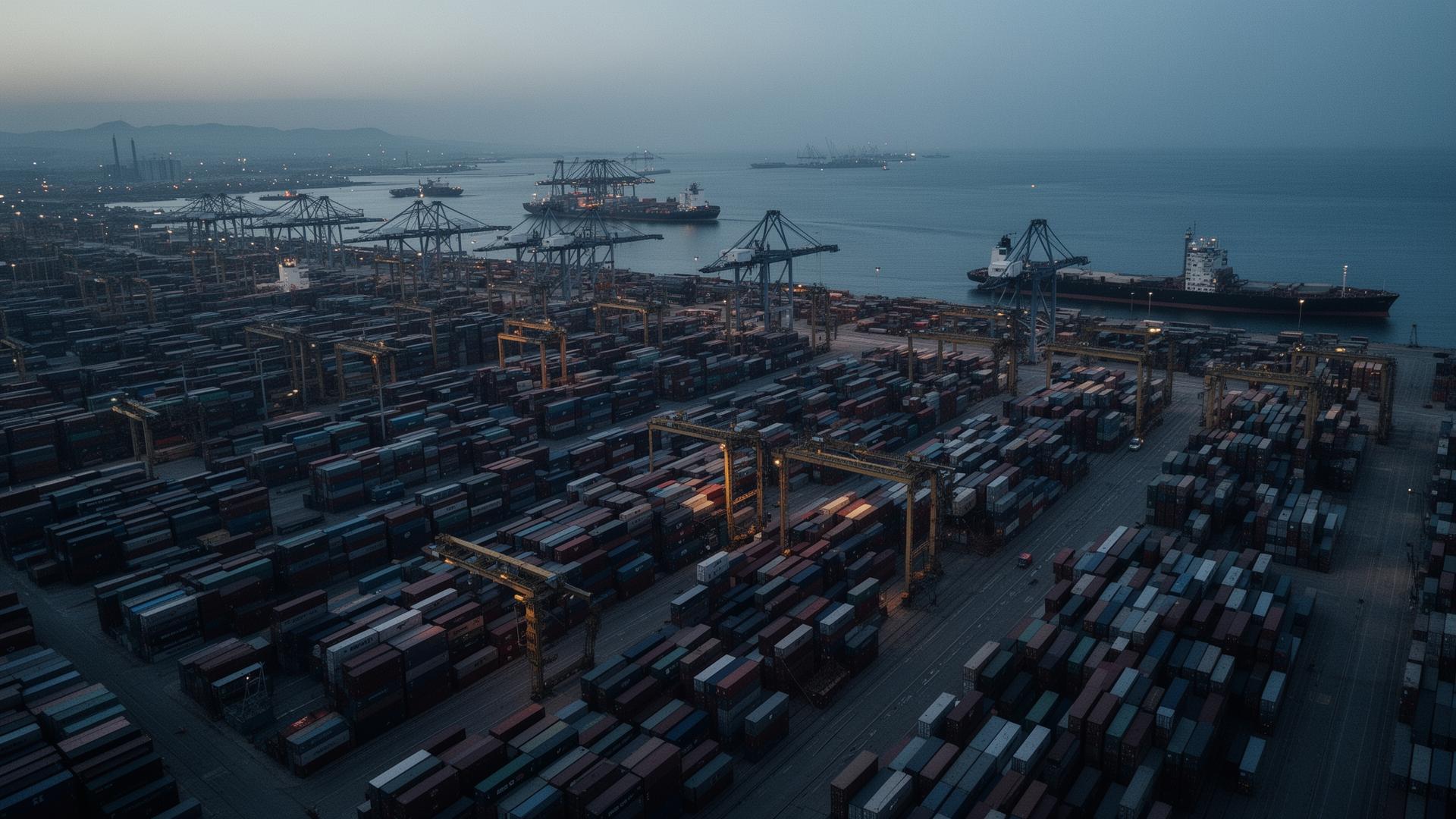 Aerial view of a container port terminal at dusk