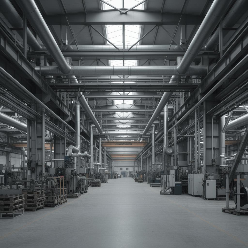 Interior of a modern heavy industrial facility with steel pipework